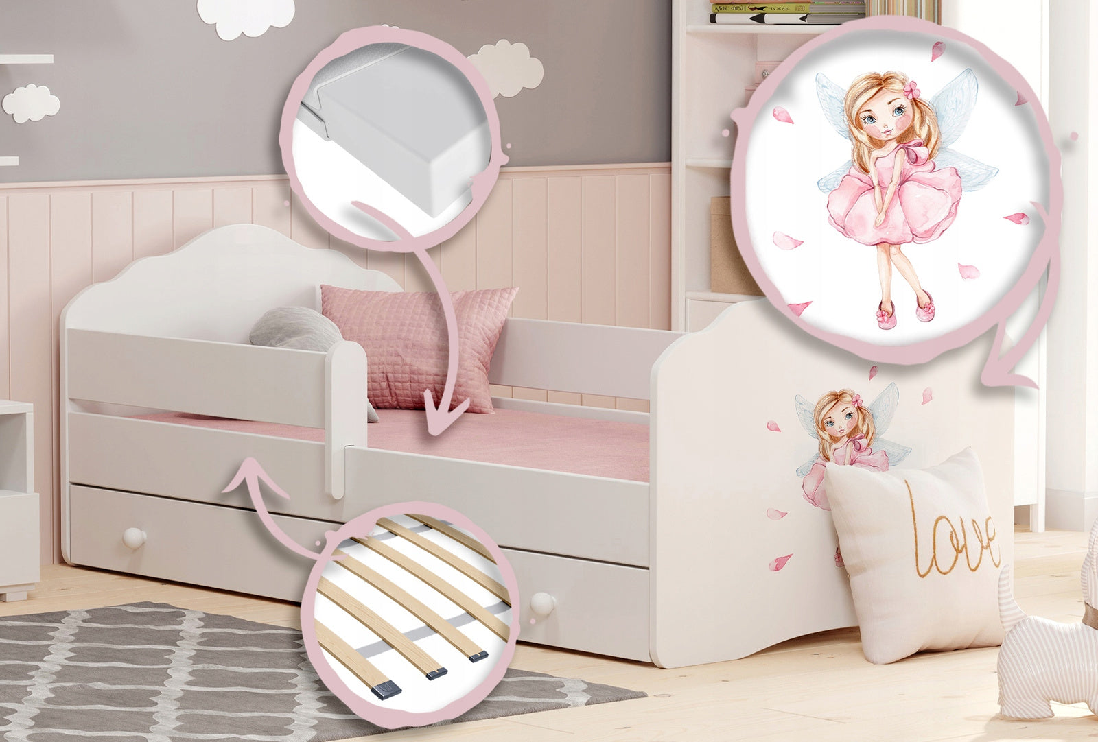 Letto singolo FALA 140x70 con sponde e cassetto, con materasso - Bambina con le ali