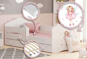 Letto singolo FALA 140x70 con sponde e cassetto, con materasso - Bambina con le ali