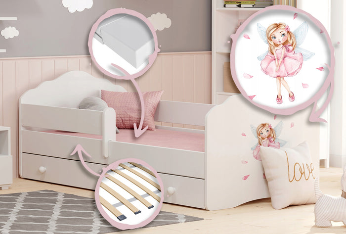Letto singolo FALA 140x70 con sponde e cassetto, con materasso - Bambina con le ali