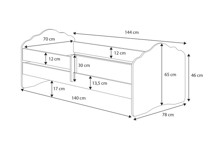 Letto singolo FALA 140x70 con sponde e cassetto, con materasso - Bambina con le ali