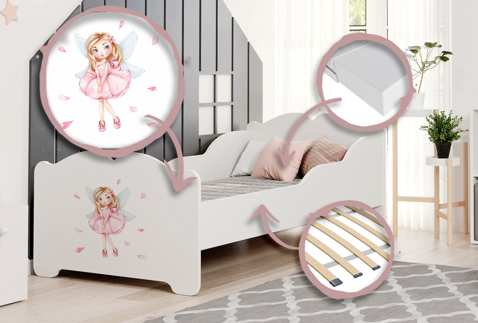 Letto per bambini "Anna" 140x70 cm con materasso -"Bambina con le ali"
