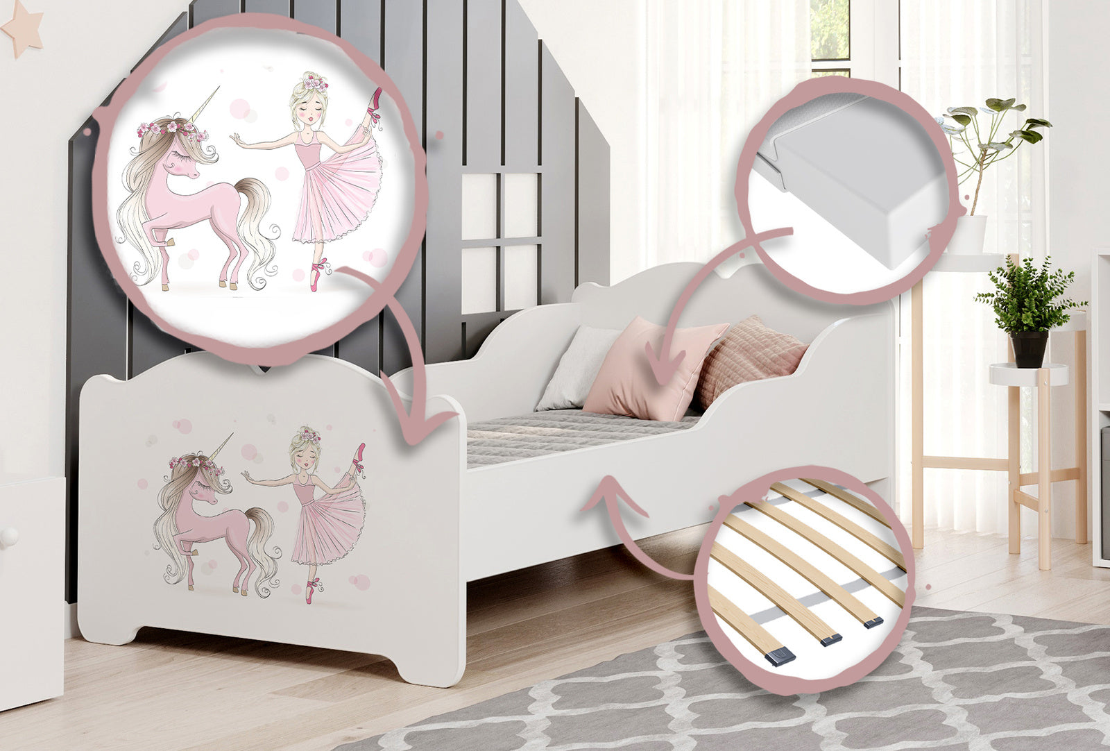 Letto singolo ANNA 160x80 con materasso -  Bambina con unicorno