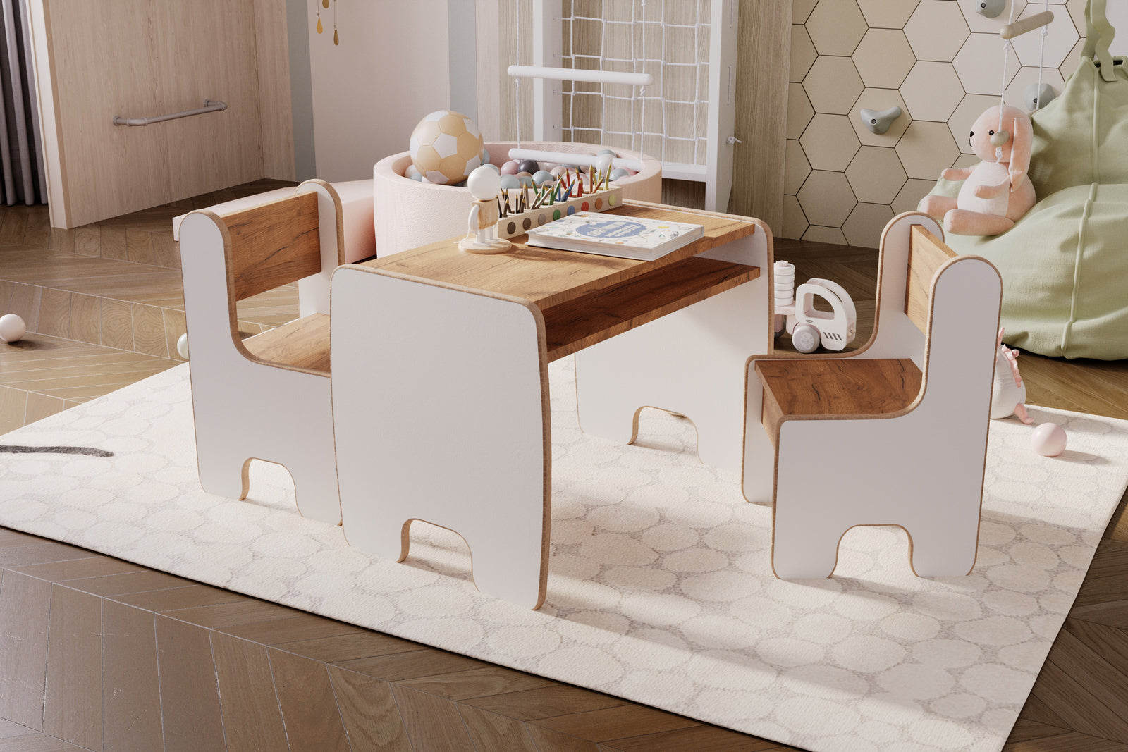 Set di mobili per bambini TIMI, tavolo e due sedie in MDF - rovere artigianale bianco/oro