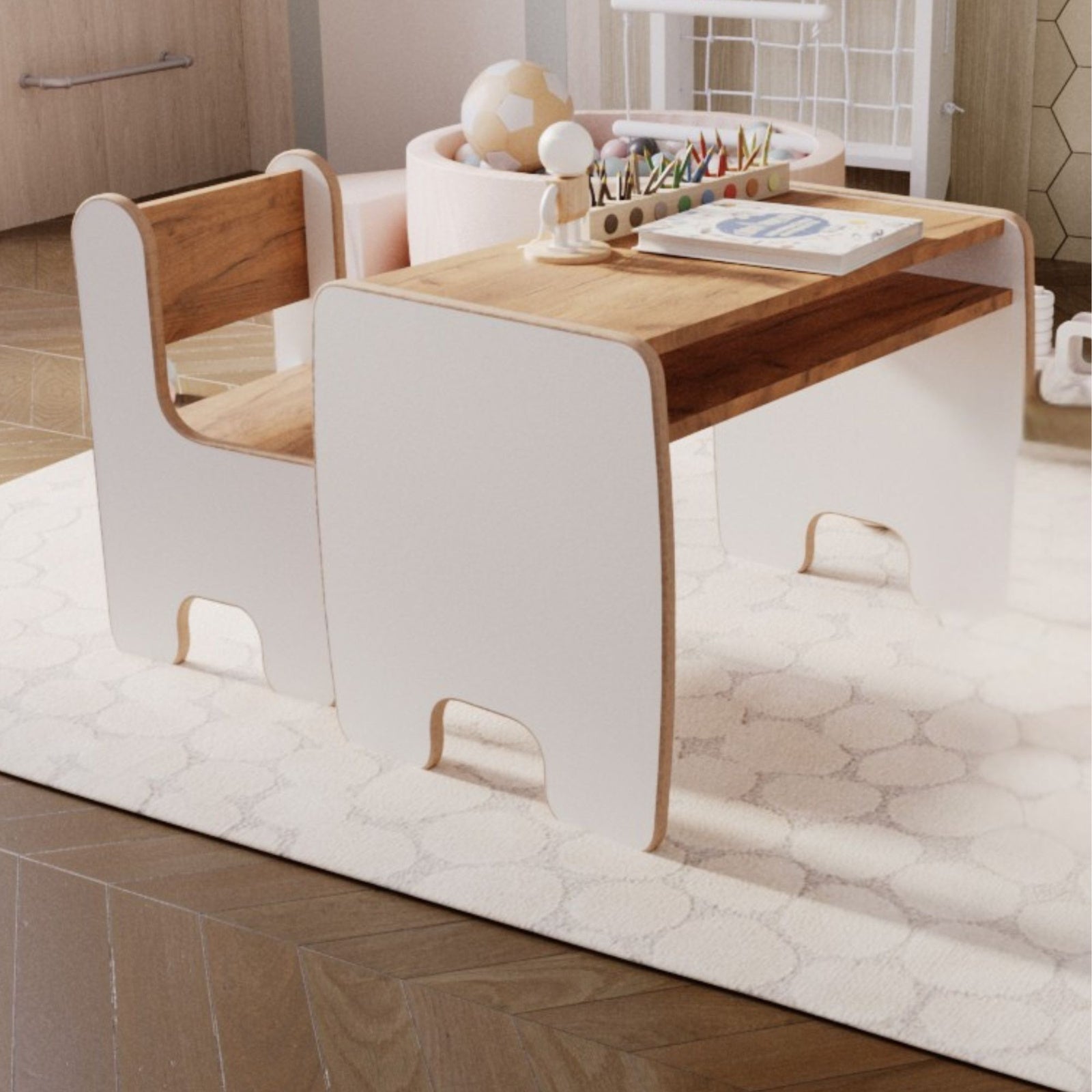 Set per bambini TIMI: tavolo + sedia MDF - rovere artigianale bianco/oro