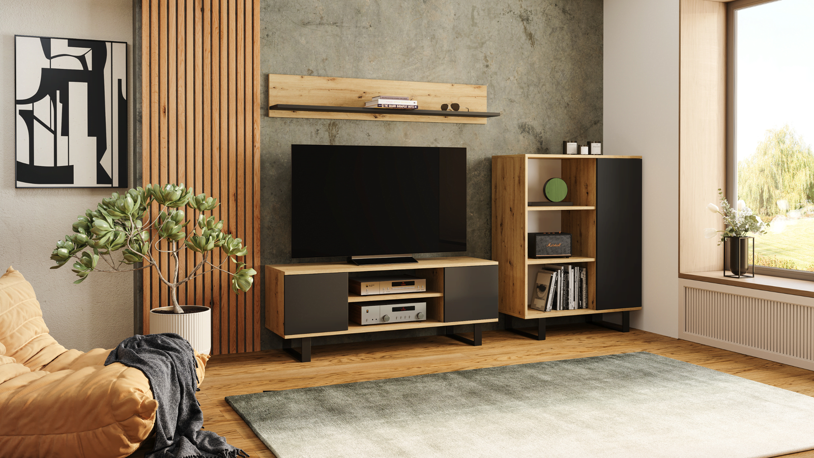 Mobile TV FOCUS 135 cm, soppalco, gambe in metallo - Rovere artigianale / nero