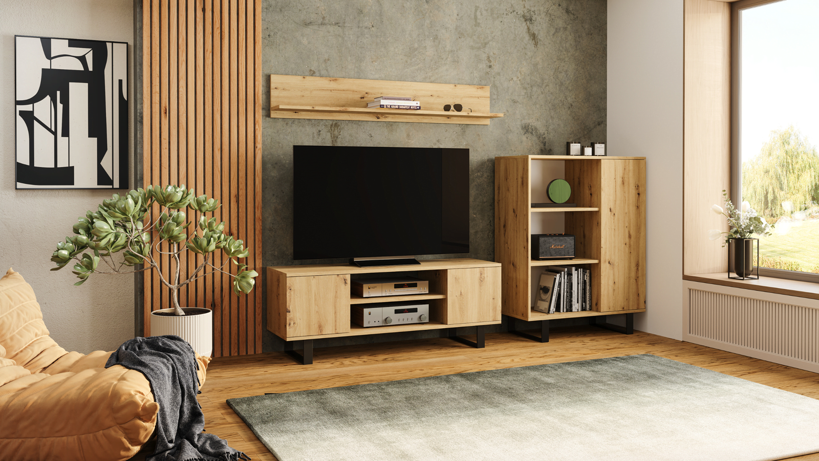 Mobile TV FOCUS 135 cm, soppalco, gambe in metallo - rovere