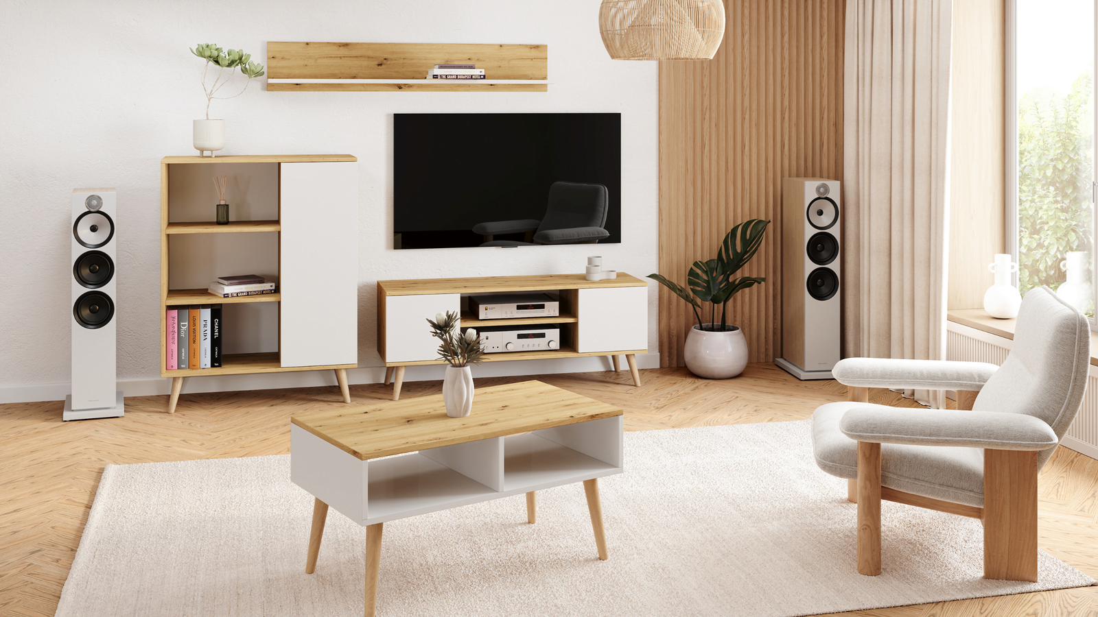 Mobile TV FOCUS 155 cm in stile scandinavo, gambe in legno - Rovere artigianale / bianco