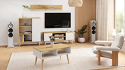 Mobile TV FOCUS 155 cm in stile scandinavo, gambe in legno - Rovere artigianale / bianco