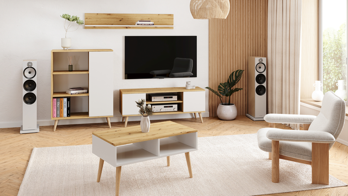 Tavolino Sandi, bianco/rovere artigianale