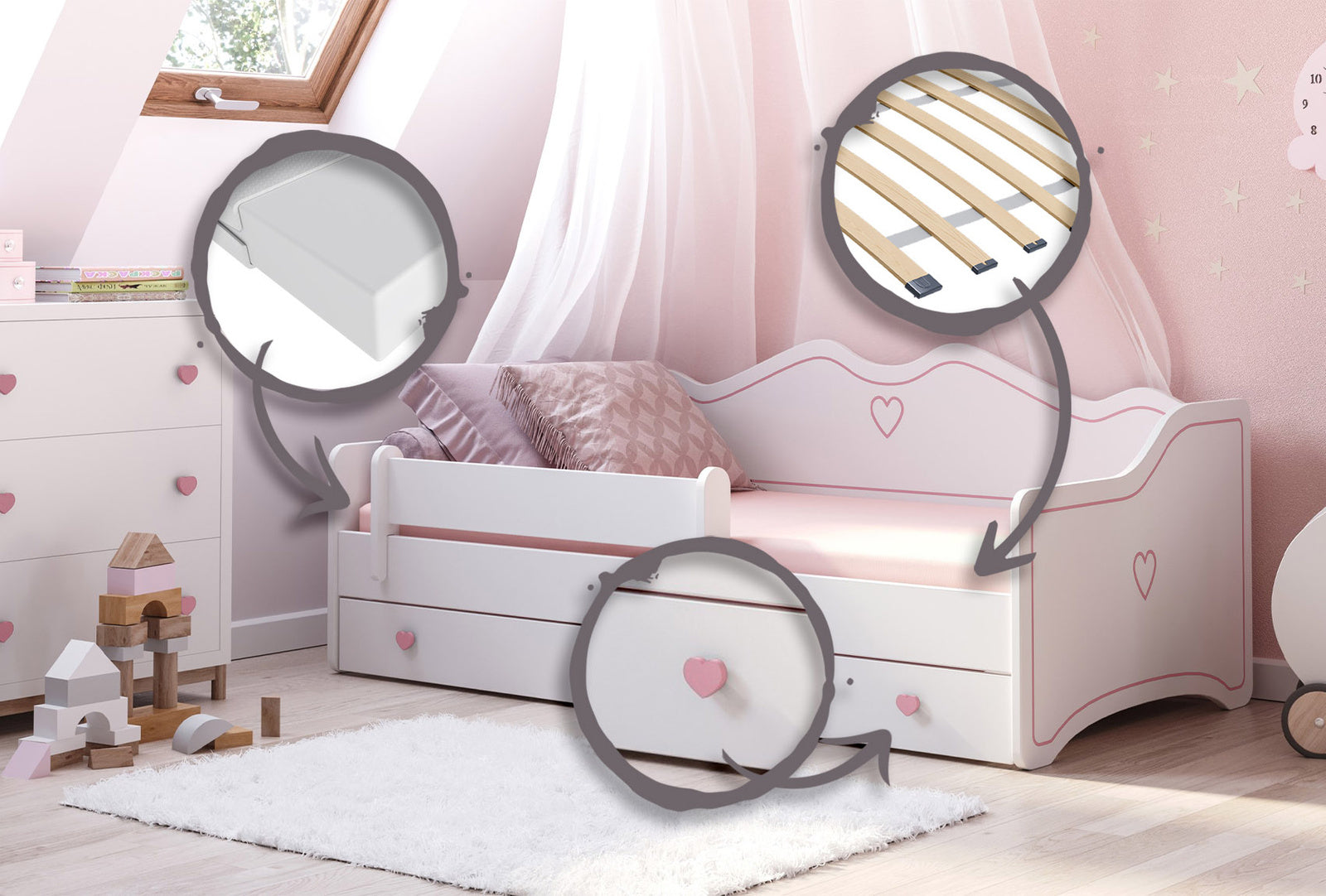 Letto per bambini EMMA 160x80 con materasso - Bianco/Rosa