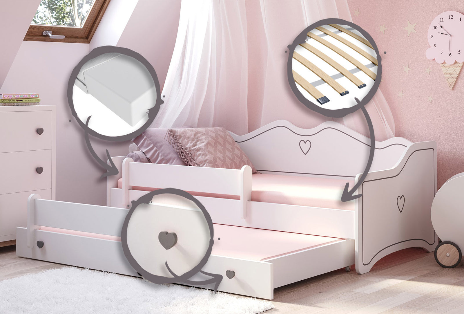 Letto matrimoniale EMMA II 160x80 con materasso - Bianco/Grigio