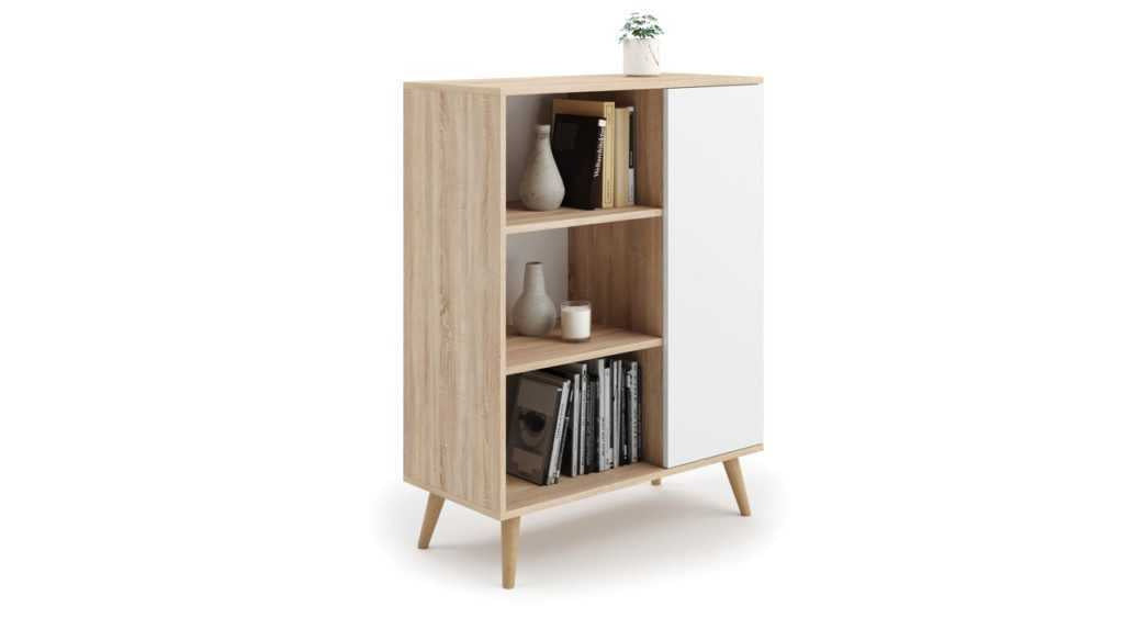 Cassettiera FONDI in stile scandinavo con ripiani, gambe in legno - Rovere Sonoma / bianco