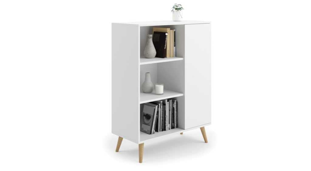 Cassettiera FONDI in stile scandinavo con ripiani, gambe in legno - Bianco
