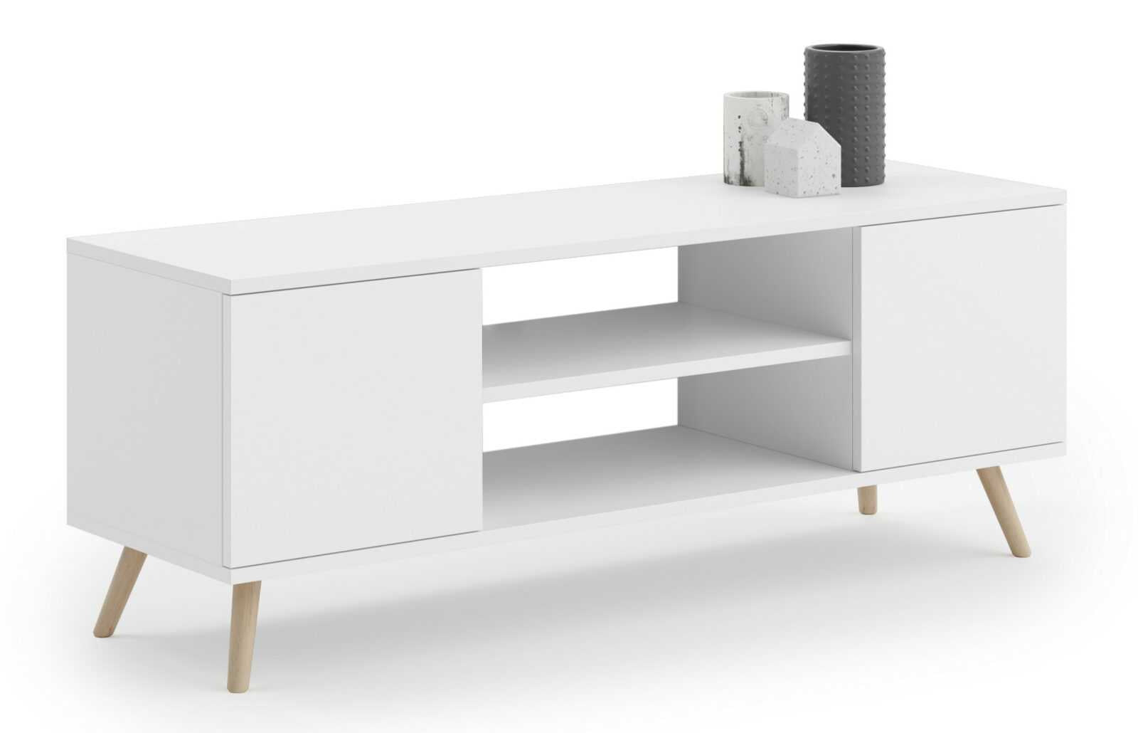 Mobile TV FOCUS 155 cm in stile scandinavo, gambe in legno - bianco