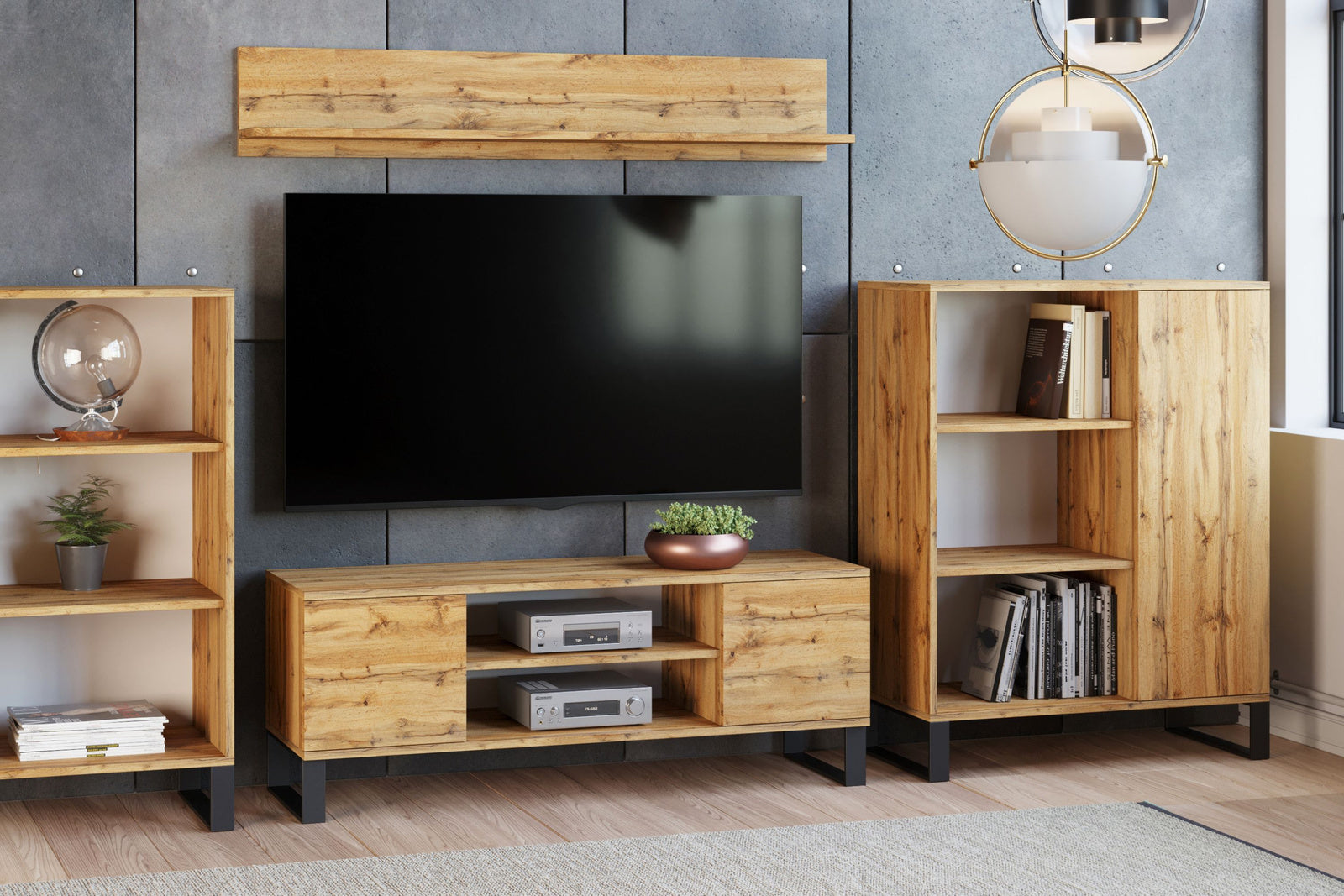 Mobile TV FOCUS 155 cm, soppalco, gambe in metallo - Rovere Craft