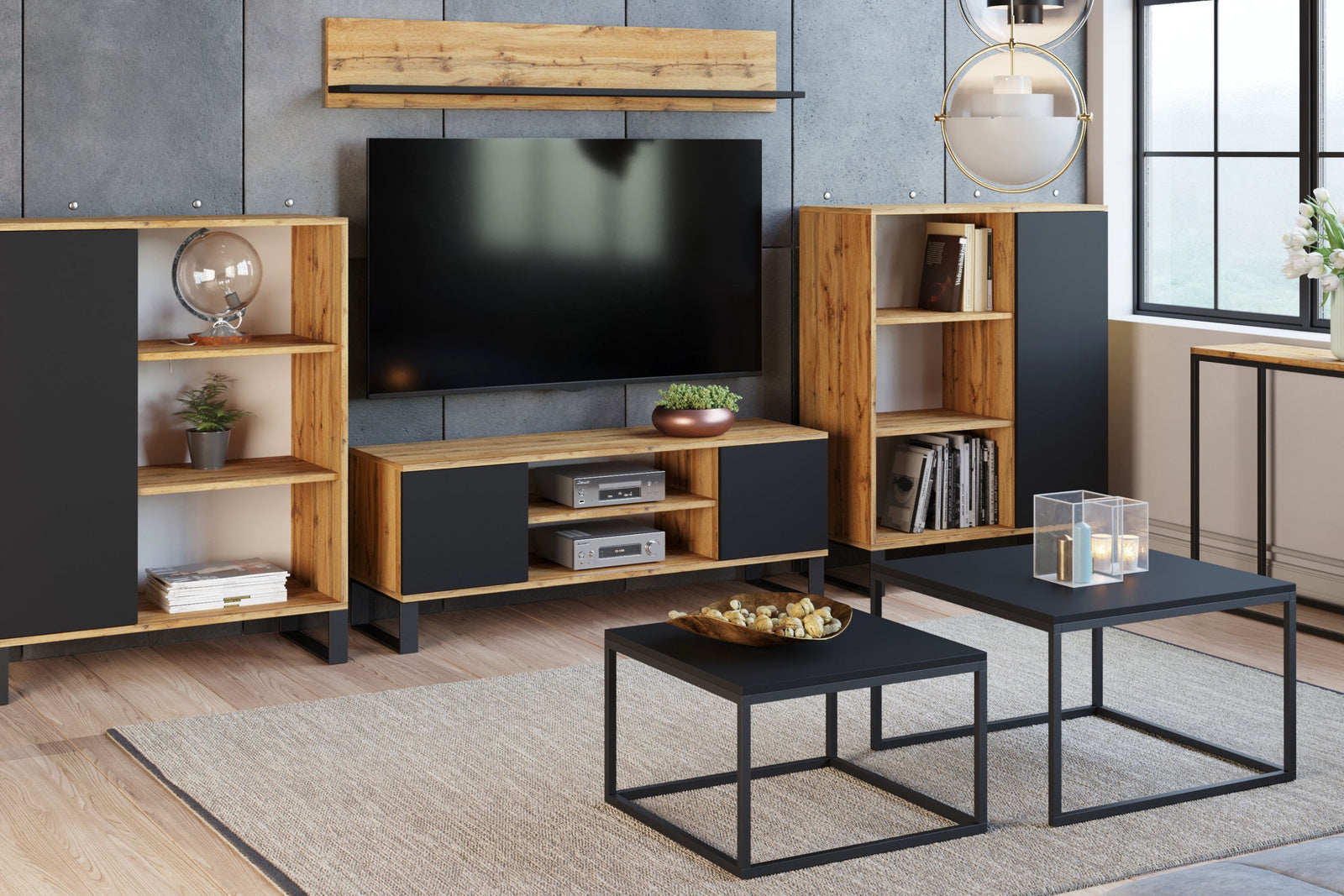Mobile TV FOCUS 155 cm, soppalco, gambe in metallo - Rovere Craft / Nero