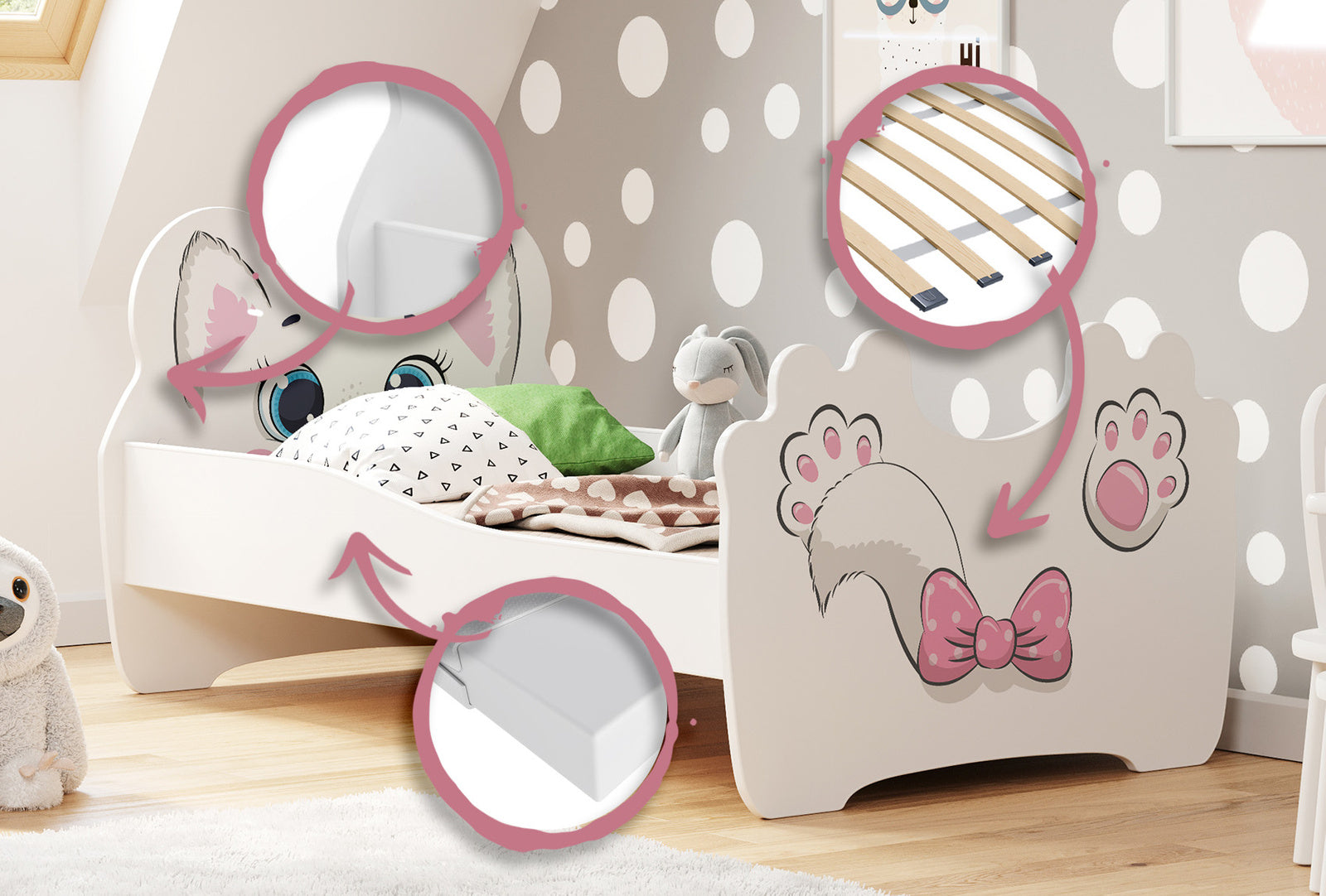 Letto per bambini ANIMALS 140x70 con materasso - Gatto rosa