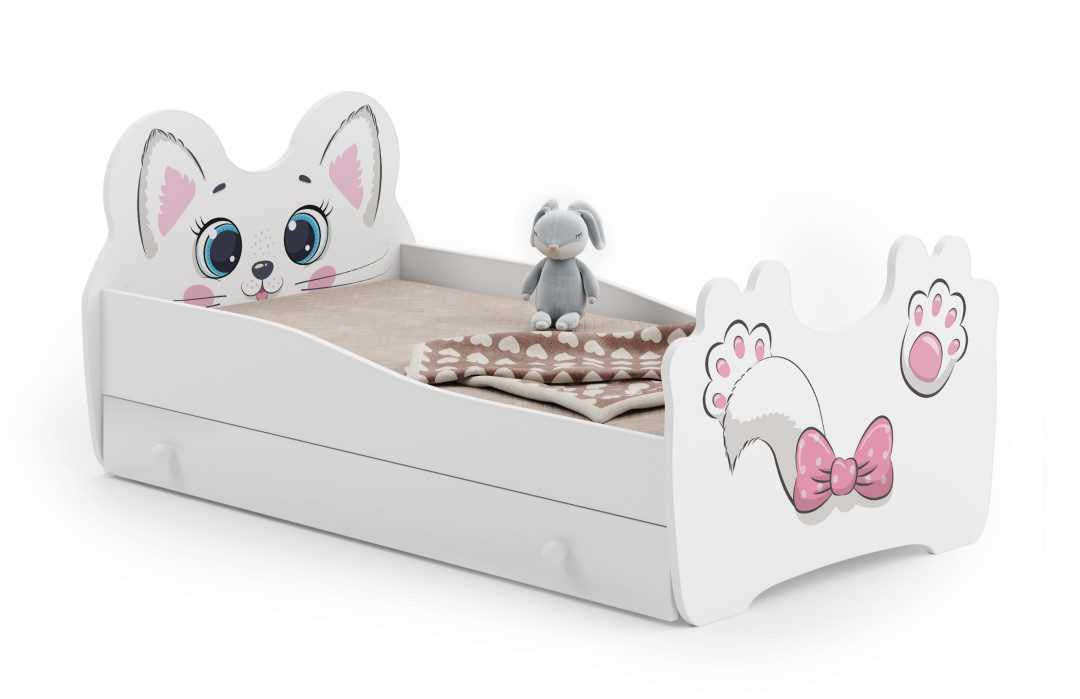 Letto per bambini ANIMALS 160x80 con cassetto e materasso - Gatto rosa