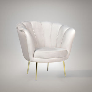 Poltrona a conchiglia Orel velluto babyface crema e piedi oro