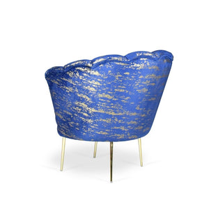 Poltrona a conchiglia Orel velluto blu e fantasia oro