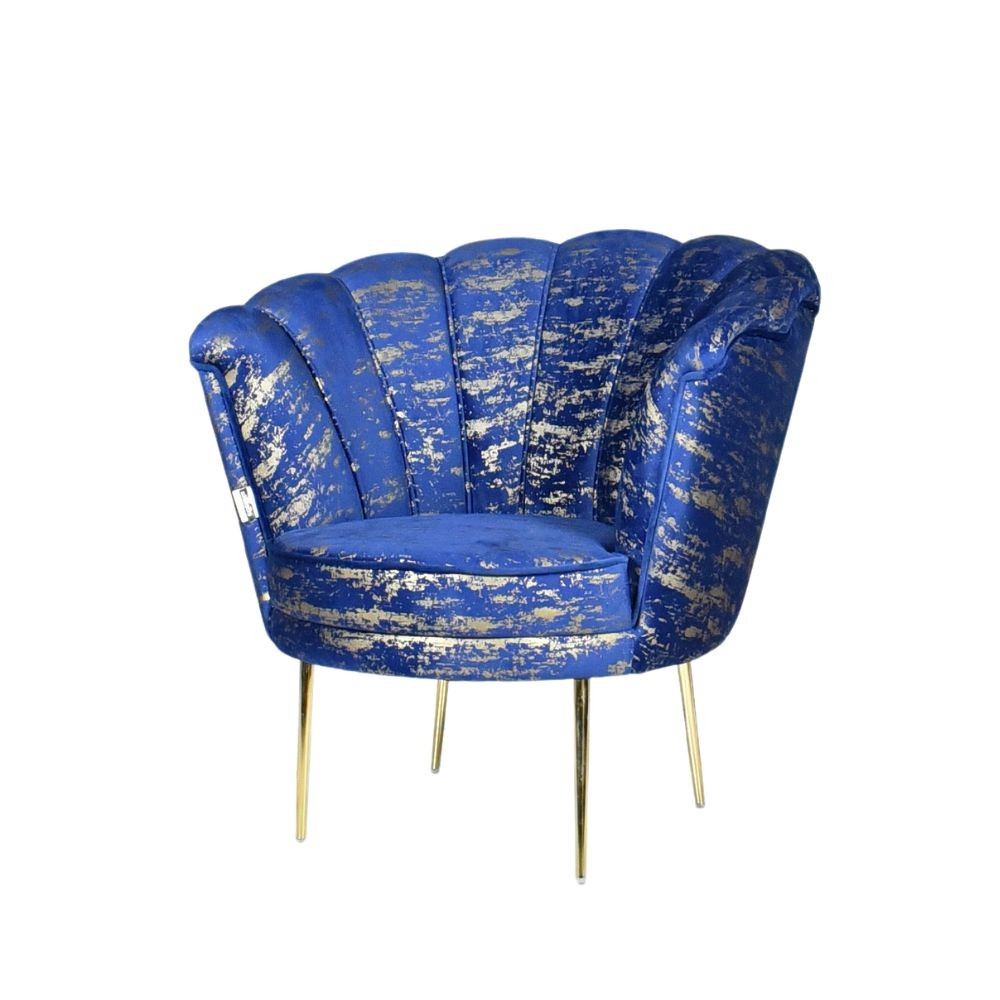 Poltrona a conchiglia Orel velluto blu e fantasia oro