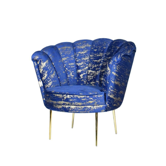 Poltrona a conchiglia Orel velluto blu e fantasia oro