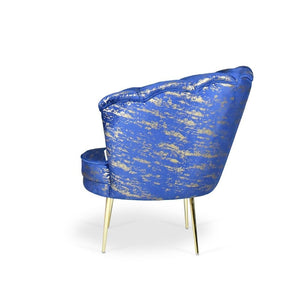 Poltrona a conchiglia Orel velluto blu e fantasia oro