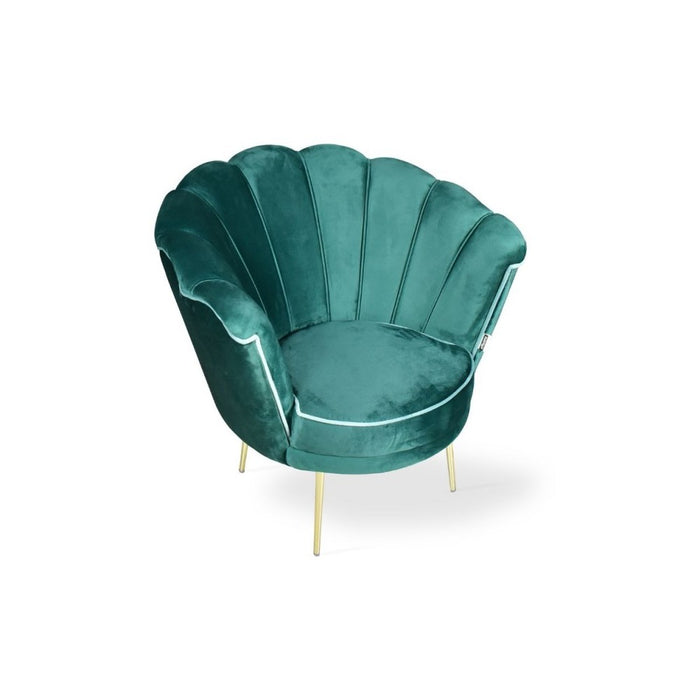 Poltrona a conchiglia Orel velluto verde scuro e piedi oro