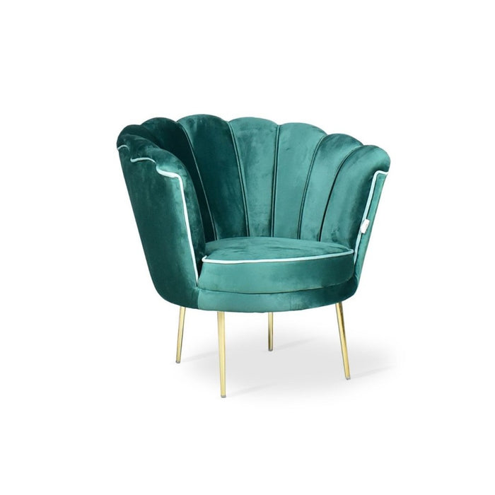Poltrona a conchiglia Orel velluto verde scuro e piedi oro