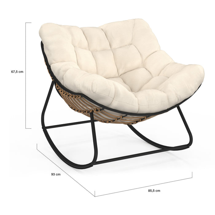 IDMarket - Poltrona a dondolo LOA in rattan con cuscino ecrù