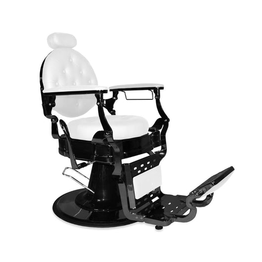 Poltrona da barbiere Ultron reclinabile in ecopelle bianca e struttura in metallo nero