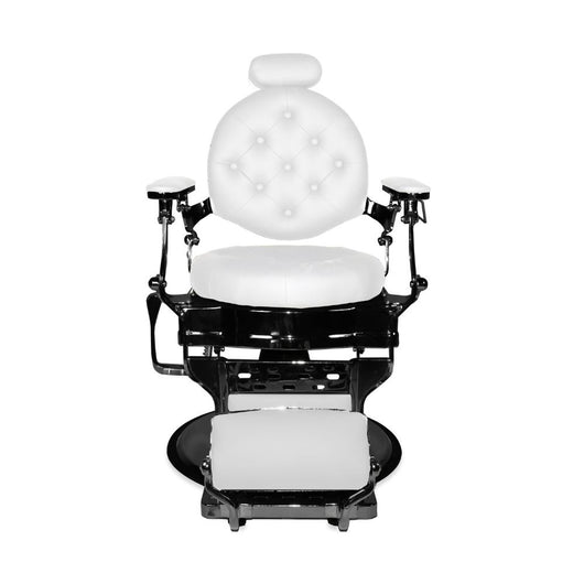 Poltrona da barbiere Ultron reclinabile in ecopelle bianca e struttura in metallo nero