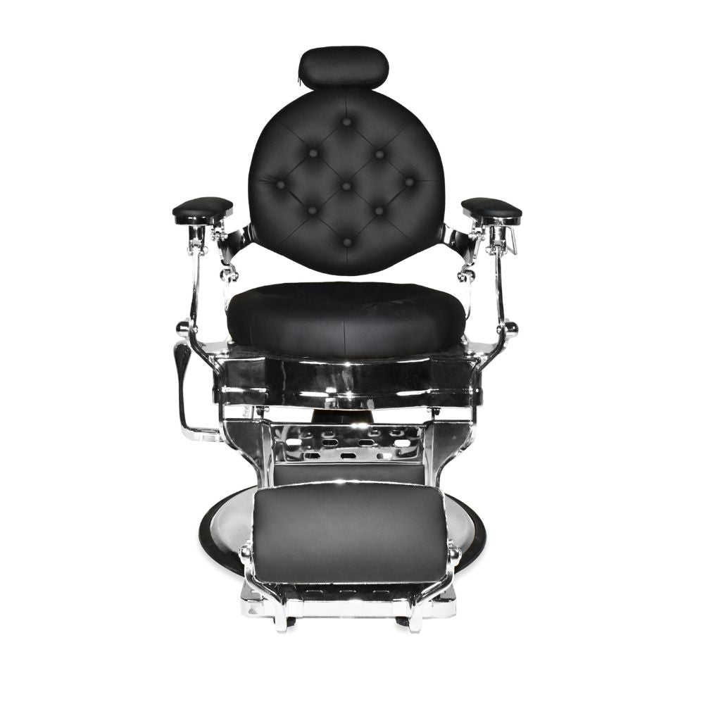 Poltrona da barbiere Ultron reclinabile in ecopelle nera e struttura in acciaio cromato lucido