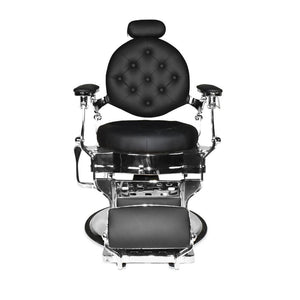 Poltrona da barbiere Ultron reclinabile in ecopelle nera e struttura in acciaio cromato lucido