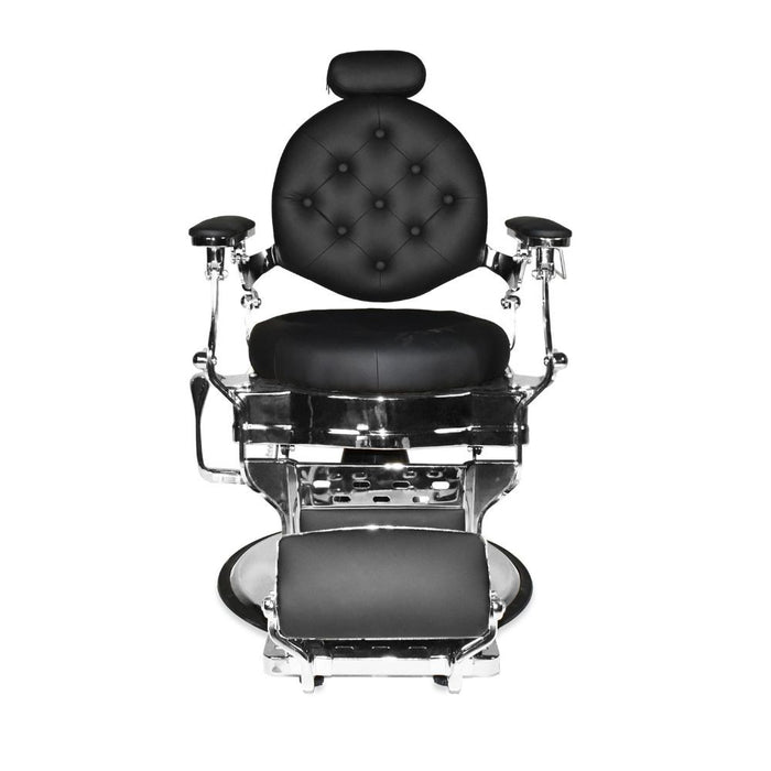 Poltrona da barbiere Ultron reclinabile in ecopelle nera e struttura in acciaio cromato lucido