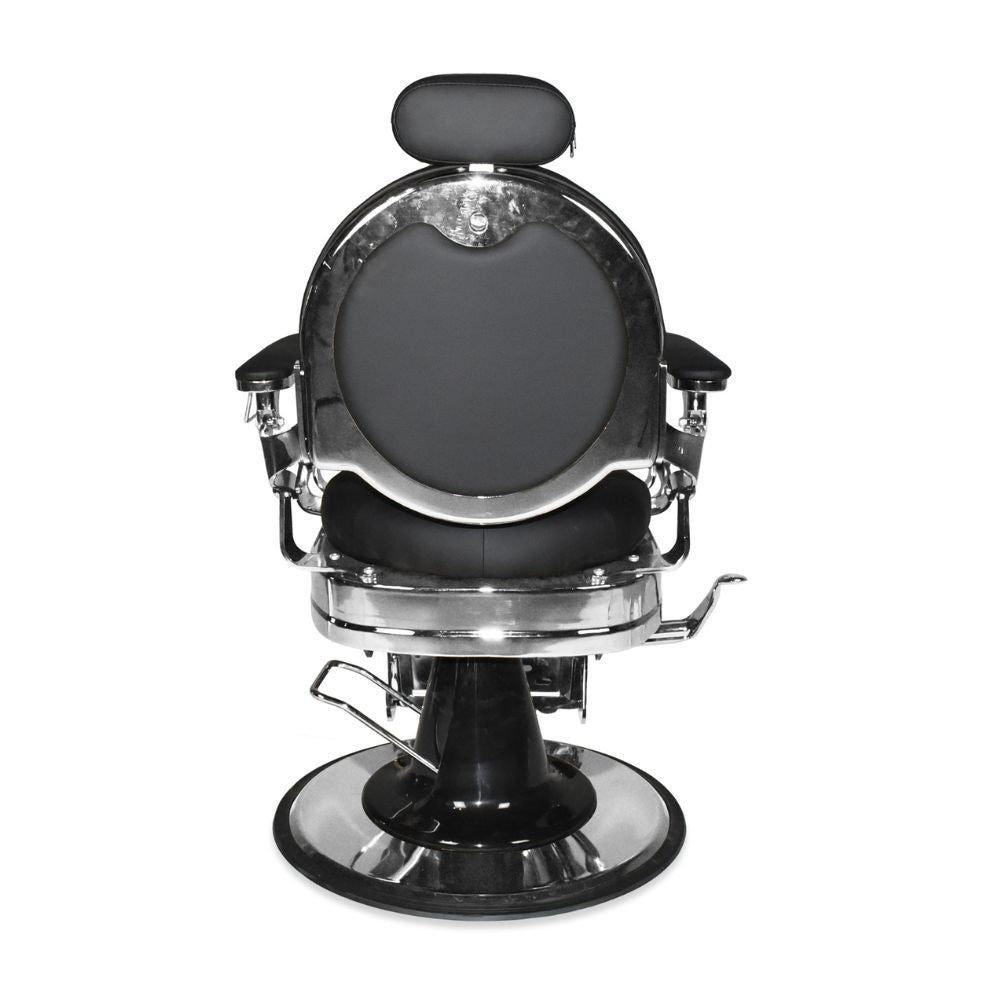 Poltrona da barbiere Ultron reclinabile in ecopelle nera e struttura in acciaio cromato lucido