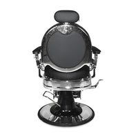 Poltrona da barbiere Ultron reclinabile in ecopelle nera e struttura in acciaio cromato lucido