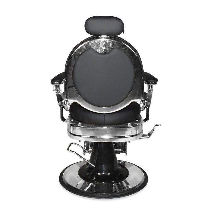 Poltrona da barbiere Ultron reclinabile in ecopelle nera e struttura in acciaio cromato lucido