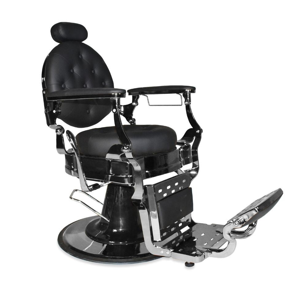 Poltrona da barbiere Ultron reclinabile in ecopelle nera e struttura in acciaio cromato lucido