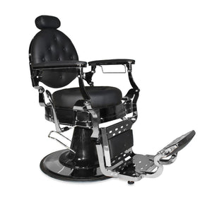 Poltrona da barbiere Ultron reclinabile in ecopelle nera e struttura in acciaio cromato lucido