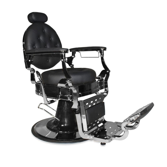 Poltrona da barbiere Ultron reclinabile in ecopelle nera e struttura in acciaio cromato lucido