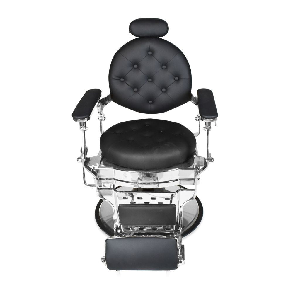 Poltrona da barbiere Ultron reclinabile in ecopelle nera e struttura in acciaio cromato lucido