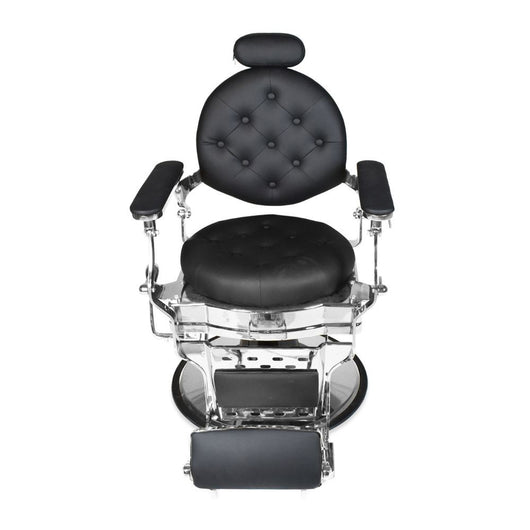 Poltrona da barbiere Ultron reclinabile in ecopelle nera e struttura in acciaio cromato lucido