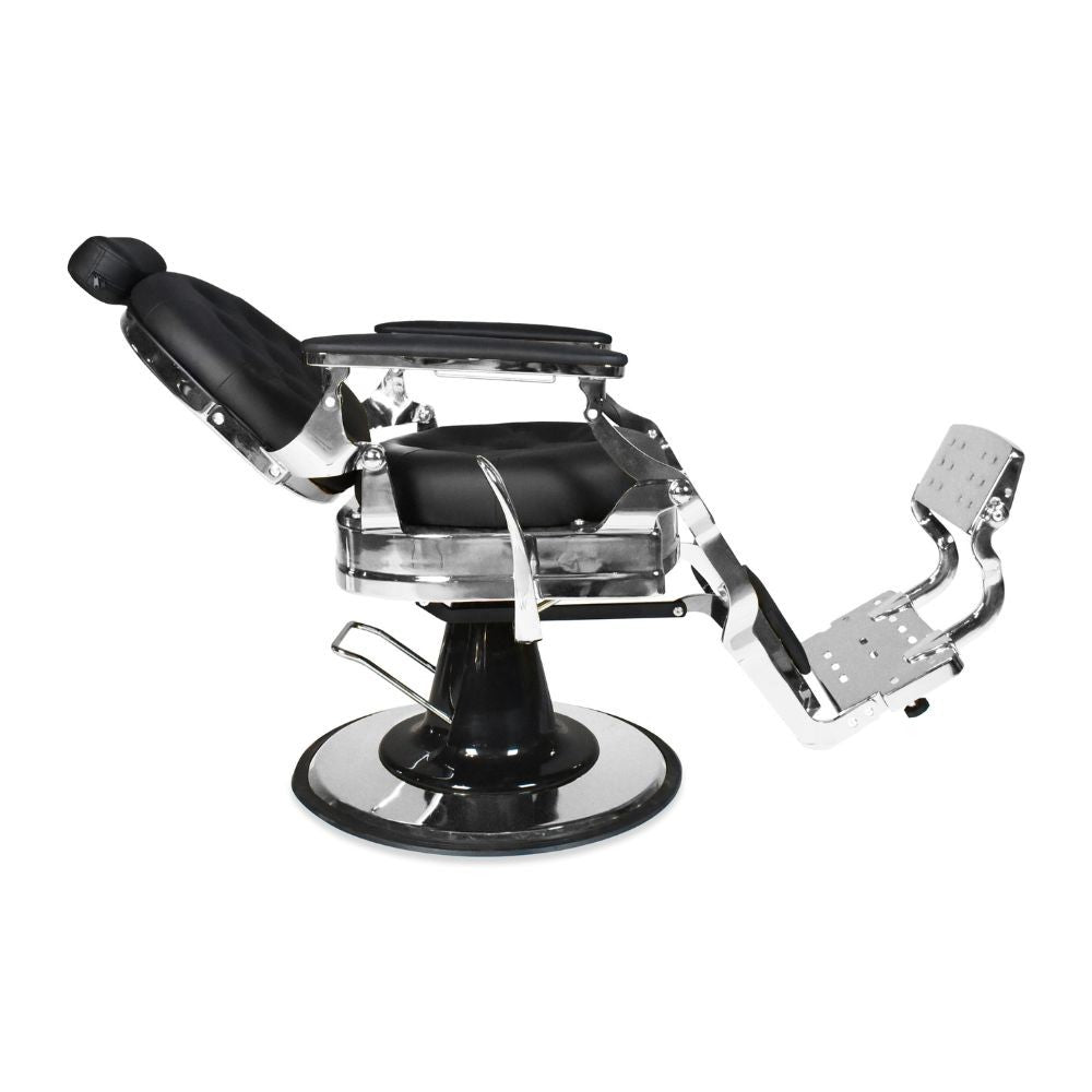 Poltrona da barbiere Ultron reclinabile in ecopelle nera e struttura in acciaio cromato lucido