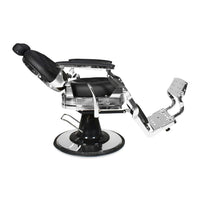 Poltrona da barbiere Ultron reclinabile in ecopelle nera e struttura in acciaio cromato lucido