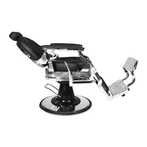 Poltrona da barbiere Ultron reclinabile in ecopelle nera e struttura in acciaio cromato lucido