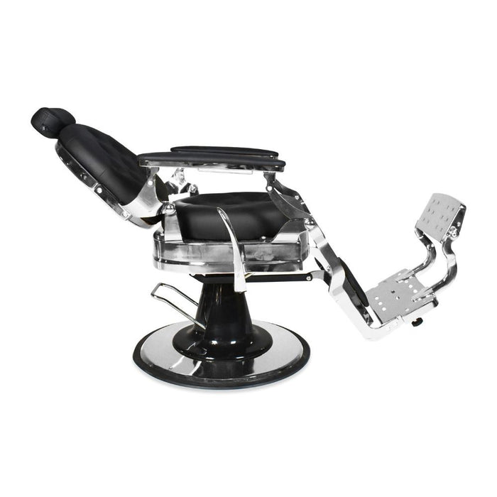 Poltrona da barbiere Ultron reclinabile in ecopelle nera e struttura in acciaio cromato lucido