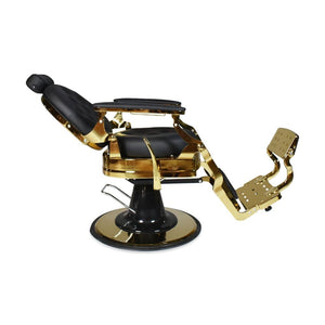 Poltrona da barbiere Ultron reclinabile in ecopelle nera e struttura in metallo oro lucido