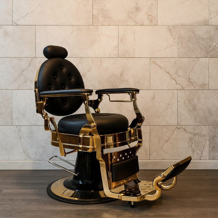 Poltrona da barbiere Ultron reclinabile in ecopelle nera e struttura in metallo oro lucido