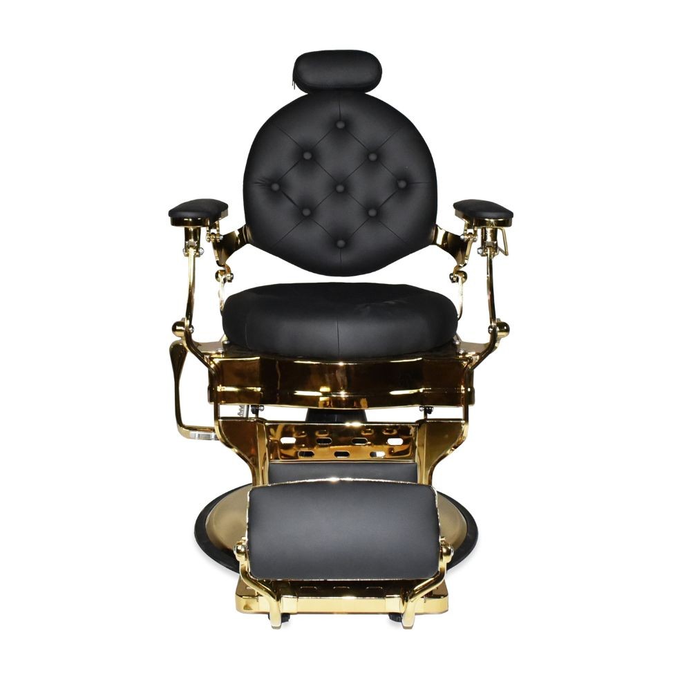 Poltrona da barbiere Ultron reclinabile in ecopelle nera e struttura in metallo oro lucido